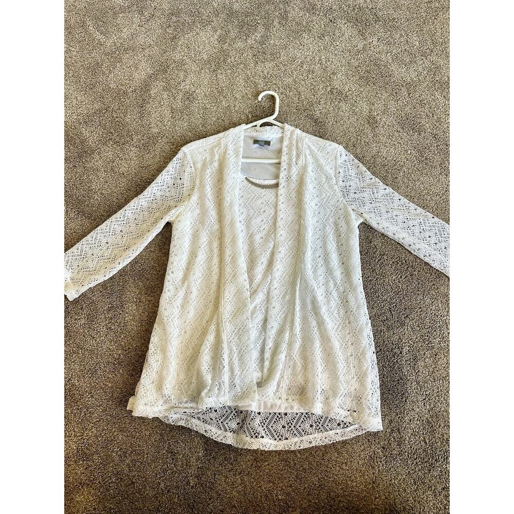 JM Collection Cardigan Set Top Womens M White Cream White Lace Crochet Tunic
